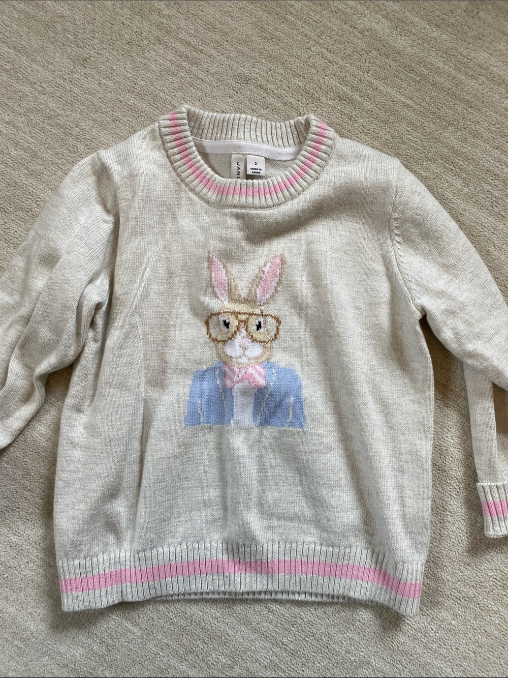 Janie and Jack Cream Sweater with Bunny Graphic and Pink Trim